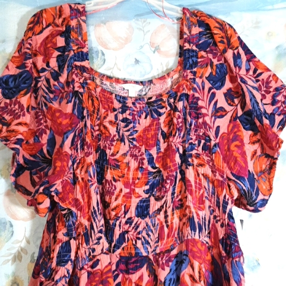 Terra Sky Boho Pink Red Blue Short Sleeve Print Dress 5X - Picture 1 of 5